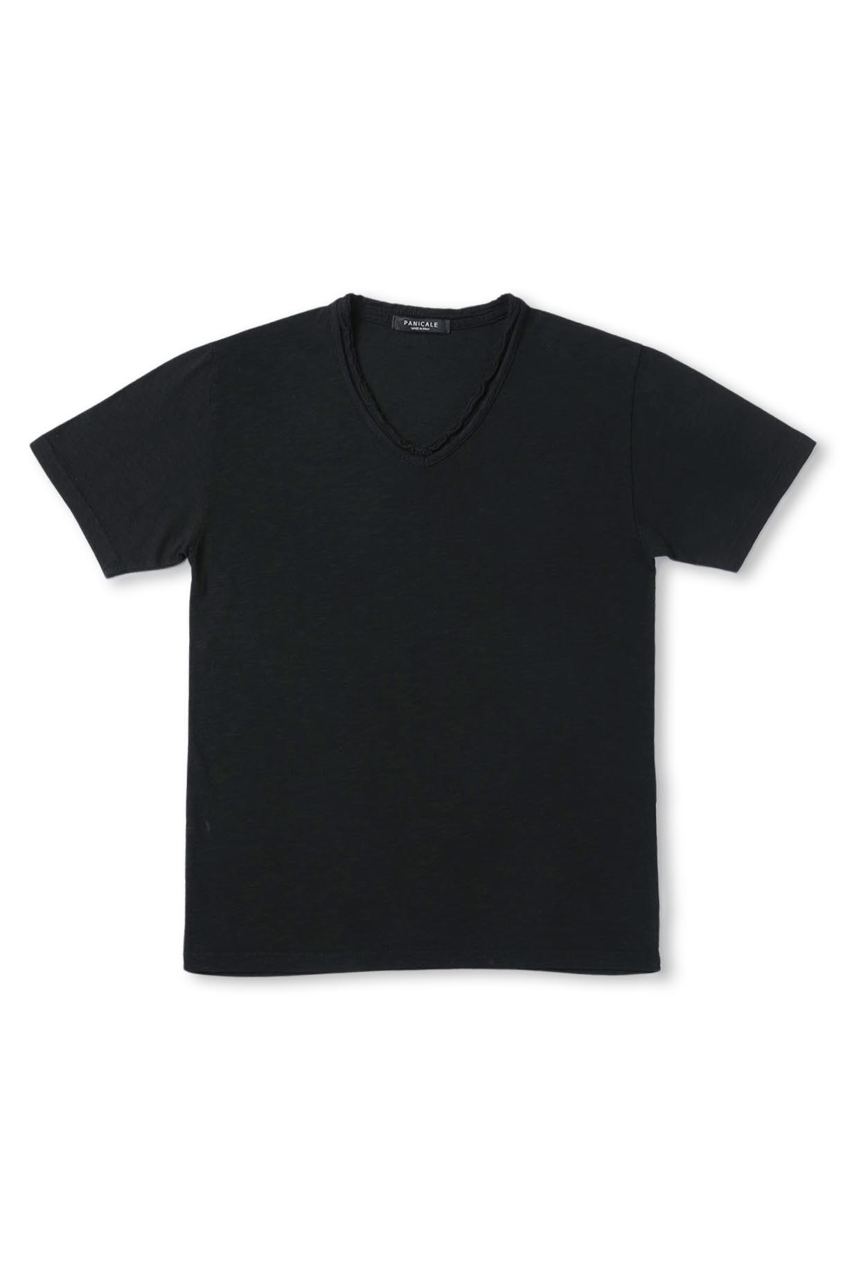 블랙 슬러브 코튼 브이넥 티셔츠
